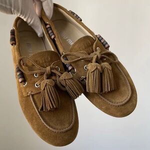 Miu Miu Brown Suede Tassel Loafers with Bead Trim